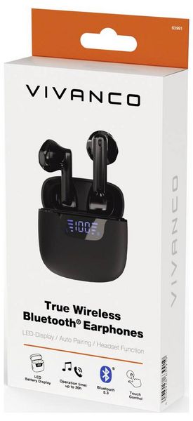 Produktbild: Vivanco UNION PAIR BK In Ear Kopfhörer Bluetooth®, Kabellos Stereo Schwarz Batterieladeanzeige, Ladecase