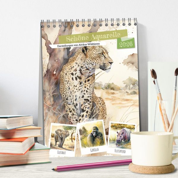 Produktbild: Sch&ouml;ne Aquarelle. Darstellungen von Afrikas Wildtieren (Tischkalender 2026 DIN A5 hoch), CALVENDO Monatskalender