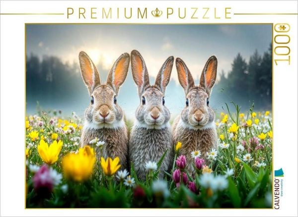 CALVENDO Puzzle Drei Hasen genießen die ersten warmen Sonnenstrahlen auf einer bunten Blumenwiese | 1000 Teile Lege-Größe 64x48cm Foto-Puzzle für glüc