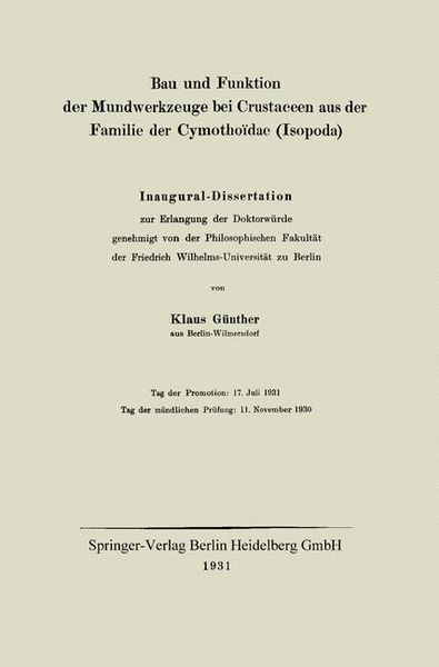 Produktbild: Bau und Funktion der Mundwerkzeuge bei Crustaceen aus der Familie der Cymotho&iuml;dae (Isopoda)