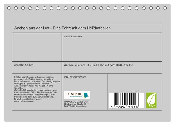 Produktbild: Aachen aus der Luft - Eine Fahrt mit dem Hei&szlig;luftballon (Tischkalender 2026 DIN A5 quer), CALVENDO Monatskalender