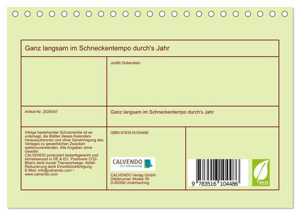 Produktbild: Ganz langsam im Schneckentempo durch's Jahr (Tischkalender 2026 DIN A5 quer), CALVENDO Monatskalender