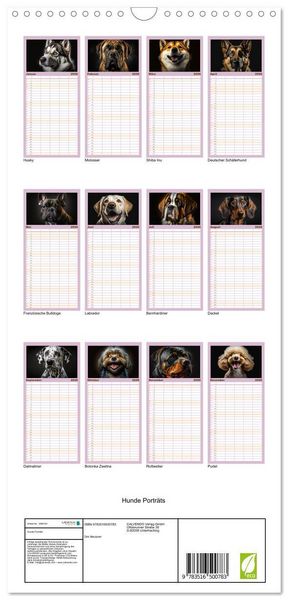 Produktbild: Familienplaner 2026 - Hunde Portr&auml;ts mit 5 Spalten (Wandkalender, 21 x 45 cm) CALVENDO