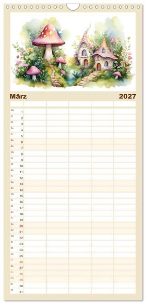Produktbild: Familienplaner 2027 - M&auml;rchenhafte Feenh&auml;uschen mit 5 Spalten (Wandkalender, 21 x 45 cm) CALVENDO