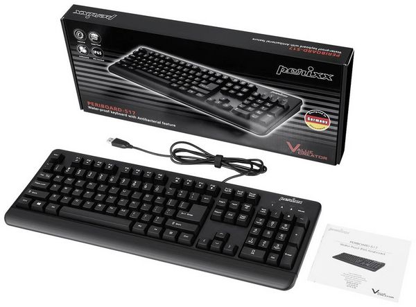 Produktbild: Perixx Periboard-517 B USB Tastatur Deutsch, QWERTZ Schwarz Staubgesch&uuml;tzt, Spritzwassergesch&uuml;tzt