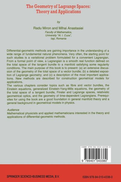 Produktbild: The Geometry of Lagrange Spaces: Theory and Applications