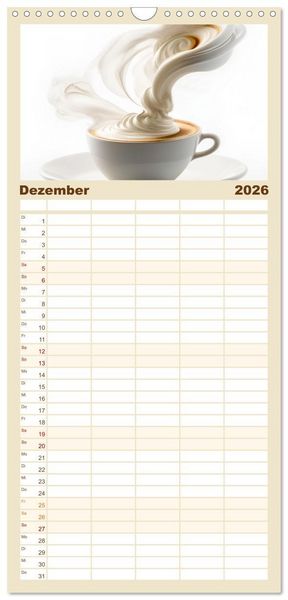 Produktbild: Familienplaner 2026 - Kaffe mal anders geniessen mit 5 Spalten (Wandkalender, 21 x 45 cm) CALVENDO