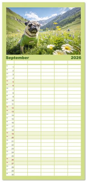 Produktbild: Familienplaner 2026 - Mops trifft Berglust. Fidele Gipfelst&uuml;rmer im H&ouml;henrausch mit 5 Spalten (Wandkalender, 21 x 45 cm) CALVENDO