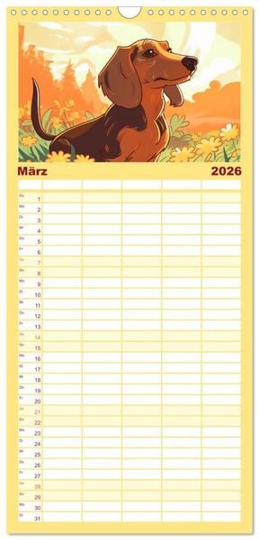 Produktbild: Familienplaner 2026 - Dackel mit 5 Spalten (Wandkalender, 21 x 45 cm) CALVENDO