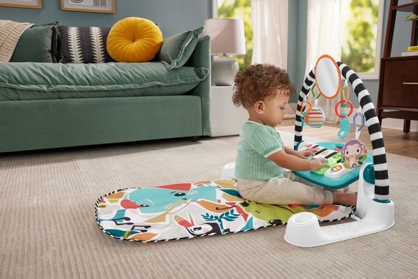 Produktbild: Fisher-Price Kontrast-Spieldecke f&uuml;r Babys, Spielspa&szlig; Piano-Gym, blau, deutsche Version