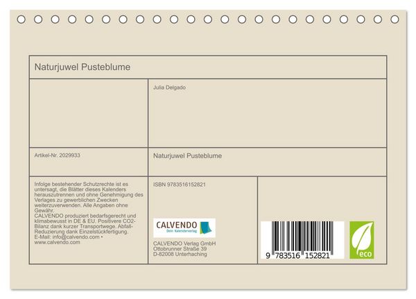 Produktbild: Naturjuwel Pusteblume (Tischkalender 2026 DIN A5 quer), CALVENDO Monatskalender