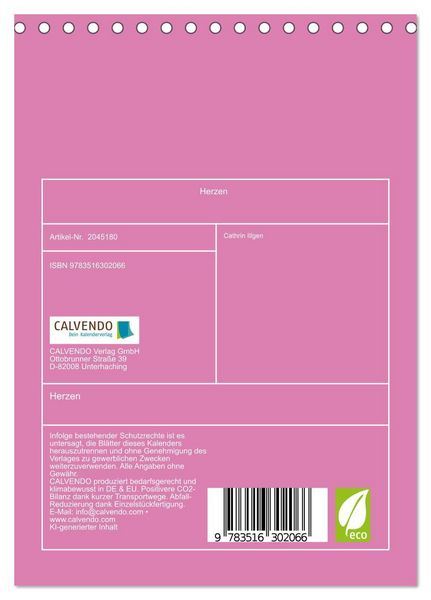 Produktbild: Herzen (Tischkalender 2026 DIN A5 hoch), CALVENDO Monatskalender