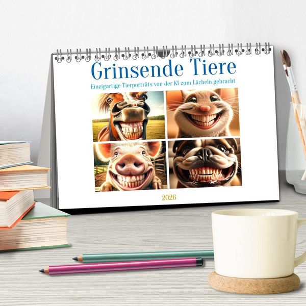 Produktbild: Grinsende Tiere - Tierportr&auml;ts von der KI zum L&auml;cheln gebracht (Tischkalender 2026 DIN A5 quer), CALVENDO Monatskalender