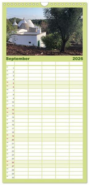 Produktbild: Familienplaner 2026 - Apuliens Kulturlandschaft mit 5 Spalten (Wandkalender, 21 x 45 cm) CALVENDO