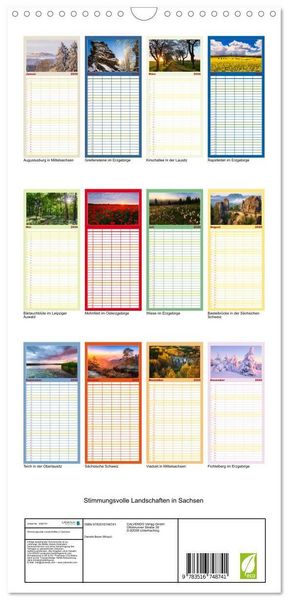 Produktbild: Familienplaner 2026 - Stimmungsvolle Landschaften in Sachsen mit 5 Spalten (Wandkalender, 21 x 45 cm) CALVENDO