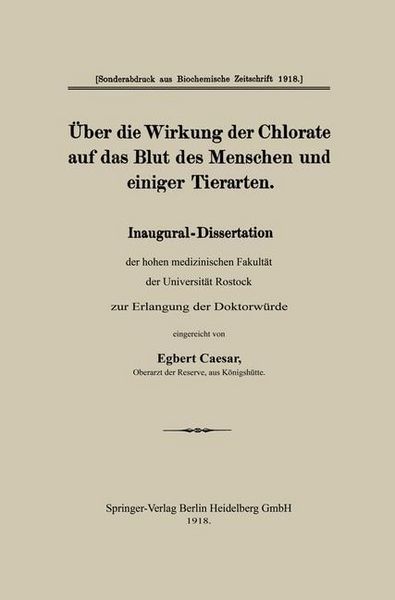 Produktbild: &Uuml;ber die Wirkung der Chlorate auf das Blut des Menschen und einiger Tierarten
