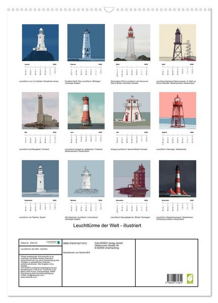 Produktbild: Leuchtt&uuml;rme der Welt - illustriert (Wandkalender 2026 DIN A2 hoch), CALVENDO Monatskalender