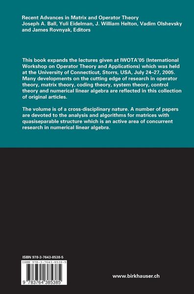 Produktbild: Recent Advances in Matrix and Operator Theory