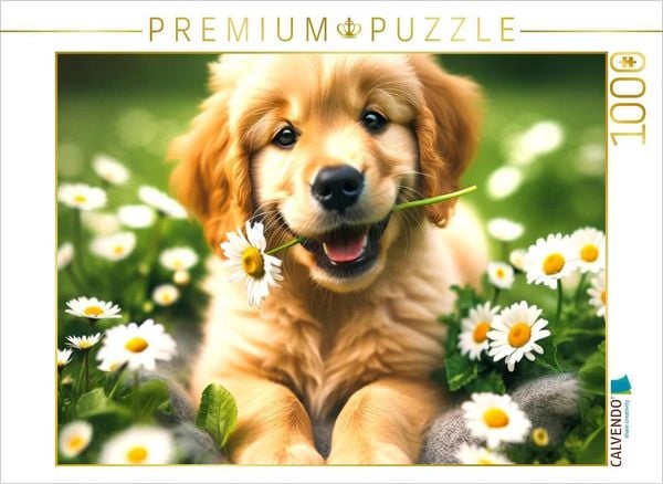 Produktbild: CALVENDO Puzzle Ein Golden Retriever-Welpe umringt von G&auml;nsebl&uuml;mchen | 1000 Teile Lege-Gr&ouml;&szlig;e 64x48cm Foto-Puzzle f&uuml;r gl&uuml;ckliche Stunden