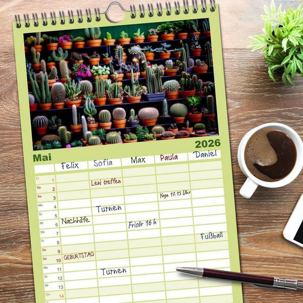 Produktbild: Familienplaner 2026 - Kaktuszauberland mit 5 Spalten (Wandkalender, 21 x 45 cm) CALVENDO