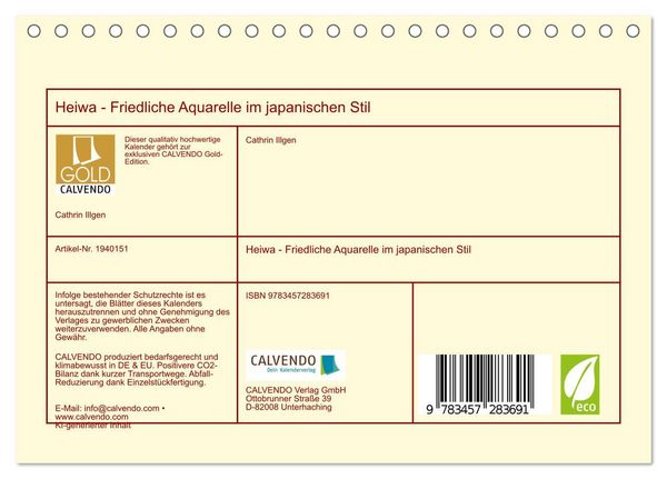 Produktbild: Heiwa - Friedliche Aquarelle im japanischen Stil (Tischkalender 2026 DIN A5 quer), CALVENDO Monatskalender