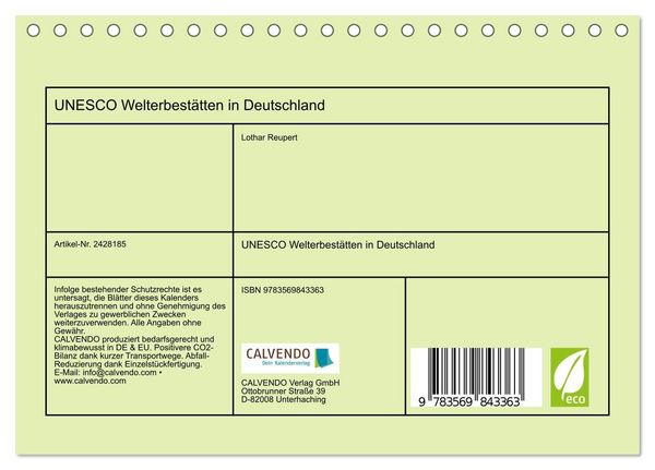 Produktbild: UNESCO Welterbest&auml;tten in Deutschland (Tischkalender 2027 DIN A5 quer), CALVENDO Monatskalender