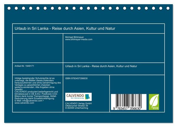 Produktbild: Urlaub in Sri Lanka - Reise durch Asien, Kultur und Natur (Tischkalender 2026 DIN A5 quer), CALVENDO Monatskalender