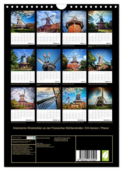 Produktbild: Historische Windm&uuml;hlen an der Friesischen M&uuml;hlenstra&szlig;e / CH-Version / Planer (Wandkalender 2026 DIN A4 hoch), CALVENDO Monatskalender