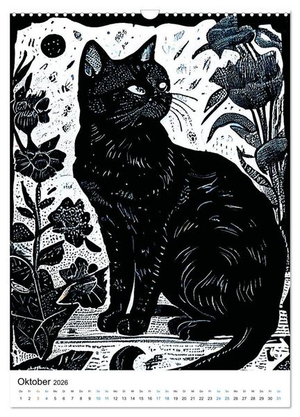 Produktbild: Katzen Linolschnitt - Der Kalender mit kunstvollen Portr&auml;ts der Samtpfoten (Wandkalender 2026 DIN A3 hoch), CALVENDO Monatskalender
