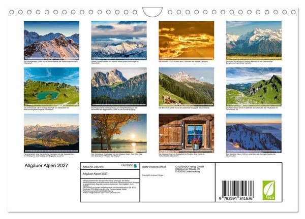 Produktbild: Allg&auml;uer Alpen 2027 (Wandkalender 2027 DIN A4 quer), CALVENDO Monatskalender