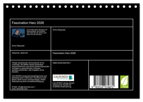 Produktbild: Faszination Harz 2026 (Tischkalender 2026 DIN A5 quer), CALVENDO Monatskalender