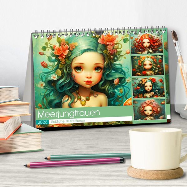 Produktbild: Zauberhafte Meerjungfrauen. Liebliche Illustrationen (Tischkalender 2026 DIN A5 quer), CALVENDO Monatskalender