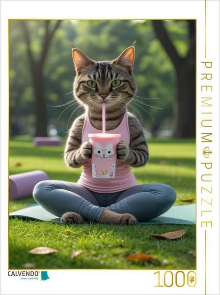 Produktbild: CALVENDO Puzzle Yoga-Katze mit Smoothie - witziges Katzenbild f&uuml;r Sportfans | 1000 Teile Lege-Gr&ouml;&szlig;e 64x48cm Foto-Puzzle f&uuml;r gl&uuml;ckliche Stunden