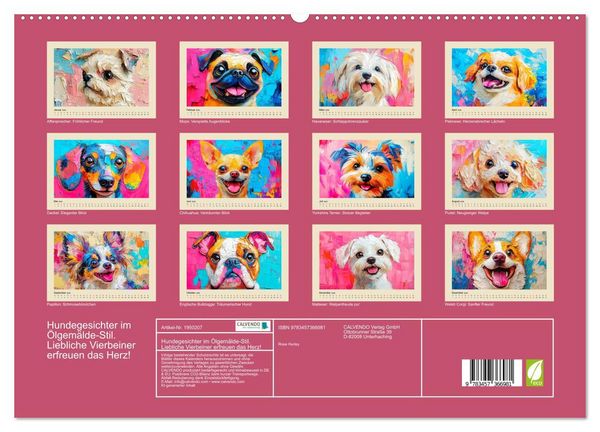 Produktbild: Hundegesichter im &Ouml;lgem&auml;lde-Stil. Liebliche Vierbeiner erfreuen das Herz! (hochwertiger Premium Wandkalender 2026 DIN A2 quer), Kunstdruck in Hochglanz