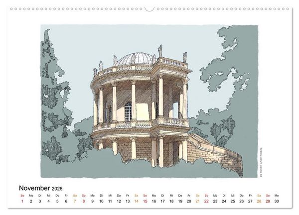 Produktbild: Potsdamer Sehensw&uuml;rdigkeiten in Ink und Farbe (hochwertiger Premium Wandkalender 2026 DIN A2 quer), Kunstdruck in Hochglanz