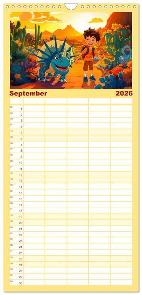 Produktbild: Familienplaner 2026 - Abenteuer mit Dinosauriern - Tolle Dino-Freunde f&uuml;r das Jahr mit 5 Spalten (Wandkalender, 21 x 45 cm) CALVENDO