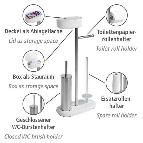 Produktbild: Stand WC-Garnitur mit Box Mod. Rivazza Wei&szlig;, integrierter Toilettenpapierhalter, Ersatzrollenhalter