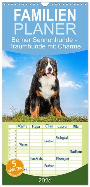 Produktbild: Familienplaner 2026 - Berner Sennenhunde - Traumhunde mit Charme mit 5 Spalten (Wandkalender, 21 x 45 cm) CALVENDO