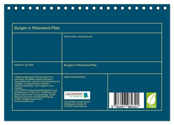 Produktbild: Burgen in Rheinland-Pfalz (Tischkalender 2026 DIN A5 quer), CALVENDO Monatskalender