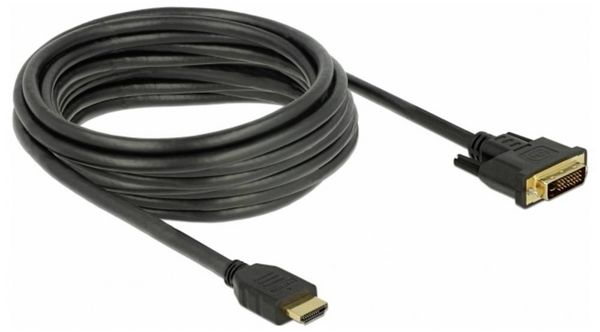 Produktbild: Delock HDMI / DVI Anschlusskabel HDMI-A Stecker, DVI-D 24+1pol. Stecker 5 m Schwarz 85656 dreifach geschirmt, vergoldete Steckkontakte HDMI-Kabel