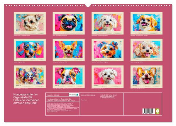 Produktbild: Hundegesichter im &Ouml;lgem&auml;lde-Stil. Liebliche Vierbeiner erfreuen das Herz! (Wandkalender 2026 DIN A2 quer), CALVENDO Monatskalender