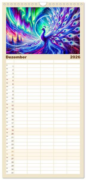Produktbild: Familienplaner 2026 - Tanz der Pfauen - Jahreszeiten in abstrakter Eleganz mit 5 Spalten (Wandkalender, 21 x 45 cm) CALVENDO
