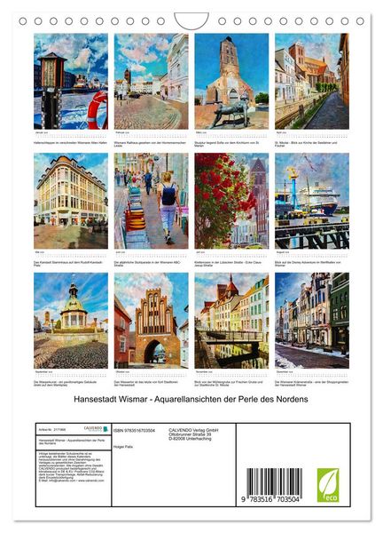 Produktbild: Hansestadt Wismar - Aquarellansichten der Perle des Nordens (Wandkalender 2026 DIN A4 hoch), CALVENDO Monatskalender