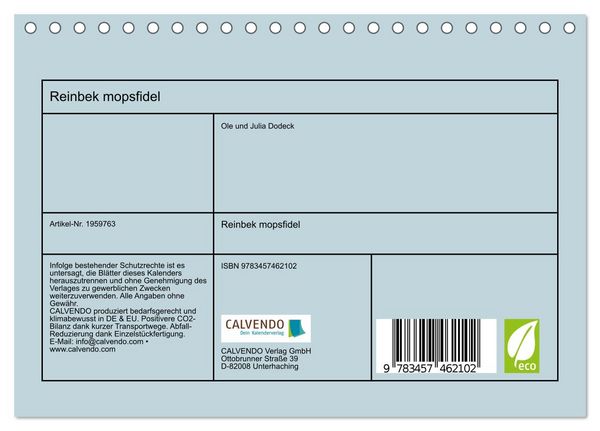 Produktbild: Reinbek mopsfidel (Tischkalender 2026 DIN A5 quer), CALVENDO Monatskalender