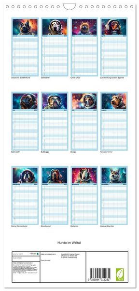 Produktbild: Familienplaner 2027 - Hunde im Weltall mit 5 Spalten (Wandkalender, 21 x 45 cm) CALVENDO