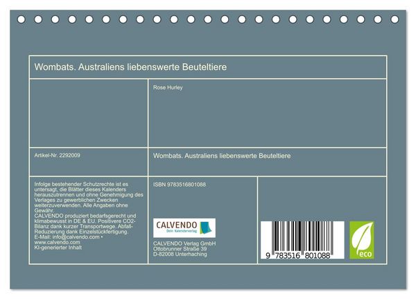 Produktbild: Wombats. Australiens liebenswerte Beuteltiere (Tischkalender 2027 DIN A5 quer), CALVENDO Monatskalender