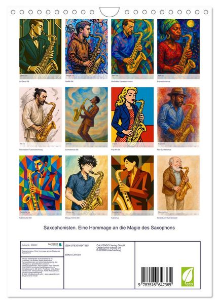 Produktbild: Saxophonisten. Eine Hommage an die Magie des Saxophons (Wandkalender 2026 DIN A4 hoch), CALVENDO Monatskalender
