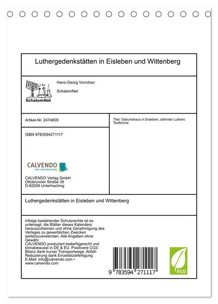 Produktbild: Luthergedenkst&auml;tten in Eisleben und Wittenberg (Tischkalender 2027 DIN A5 hoch), CALVENDO Monatskalender