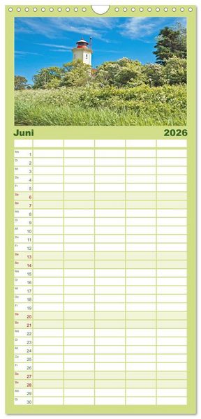 Produktbild: Familienplaner 2026 - Leuchtt&uuml;rme: Die Sch&ouml;nsten an Nord- und Ostsee mit 5 Spalten (Wandkalender, 21 x 45 cm) CALVENDO