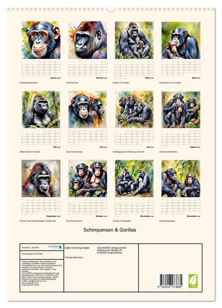 Produktbild: Schimpansen & Gorillas (hochwertiger Premium Wandkalender 2026 DIN A2 hoch), Kunstdruck in Hochglanz